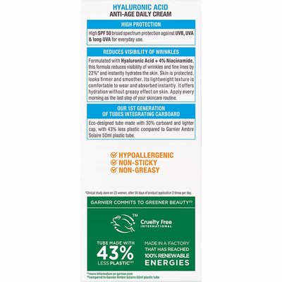 Αντηλιακή Αντιρυτιδική Κρέμα Προσώπου με SPF50 & Υαλουρονικό Οξύ Προϊόν από Πίσω